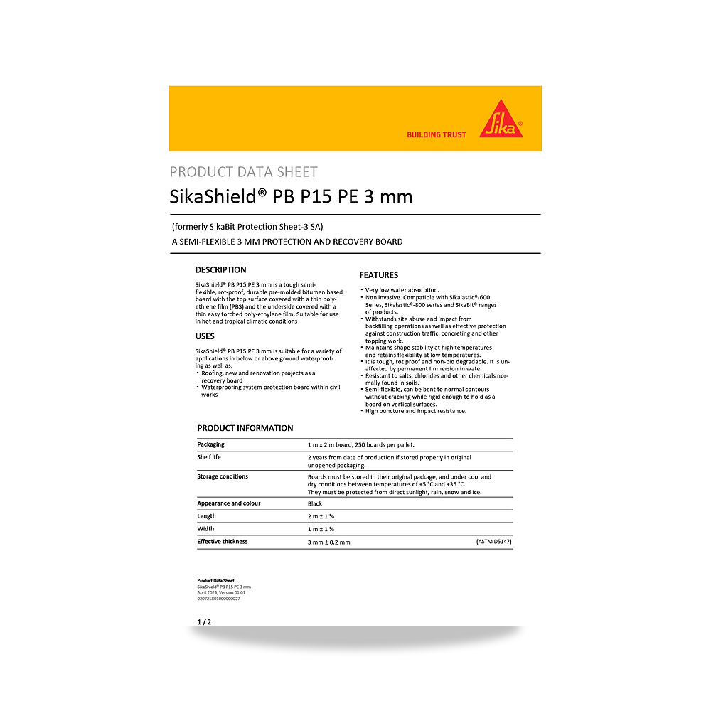 صورة منتج عازل مائي وحماية للأسطح والخرسانة والأساسات سيكا (Sika) موديل SikaShield PB P15 PE 3 mm - كود الصنف reemco-2027-1444710 - ماركة يباع من خلال reemco - توريد وتصوير حصري لشركة ريمكو القابضة السعودية