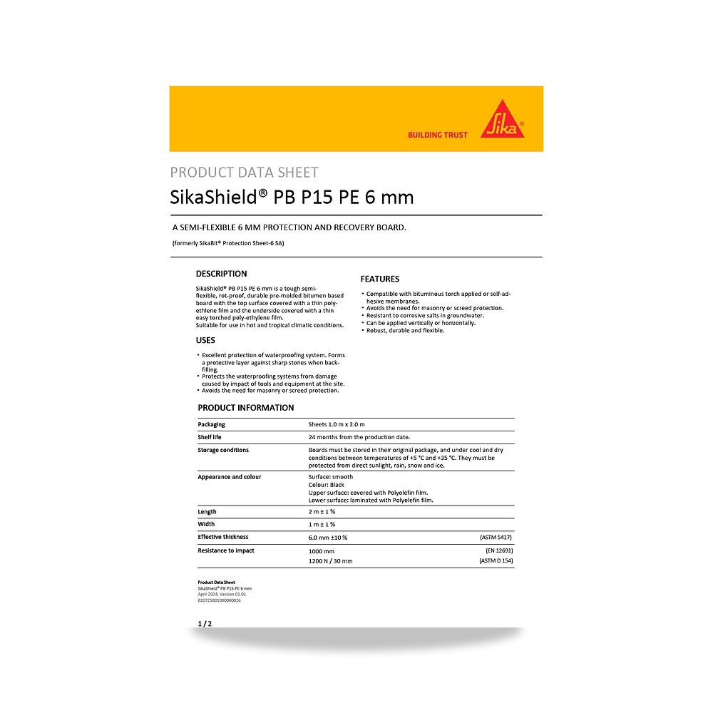 صورة منتج عازل مائي وحماية للأسطح والخرسانة والأساسات سيكا (Sika) موديل SikaShield PB P15 PE 6 mm - كود الصنف reemco-2027-1444711 - ماركة يباع من خلال reemco - توريد وتصوير حصري لشركة ريمكو القابضة السعودية