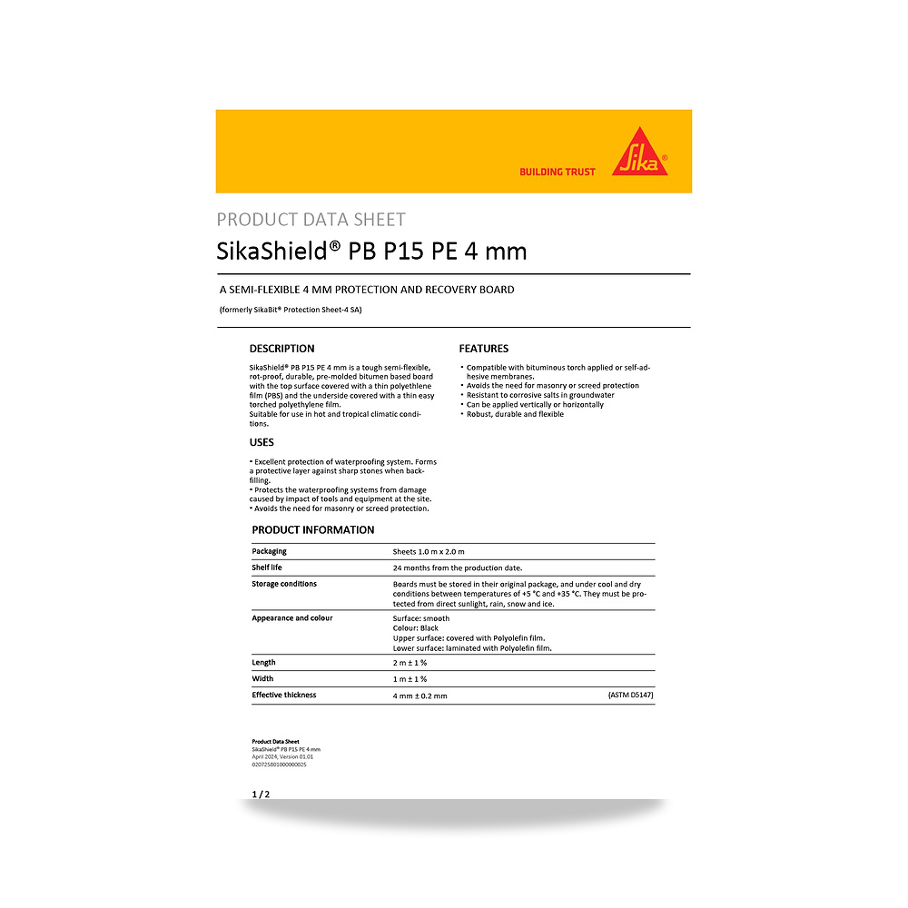 صورة منتج عازل مائي وحماية للأسطح والخرسانة والأساسات سيكا (Sika) موديل SikaShield PB P15 PE 4 mm - كود الصنف reemco-2027-1444712 - ماركة يباع من خلال reemco - توريد وتصوير حصري لشركة ريمكو القابضة السعودية