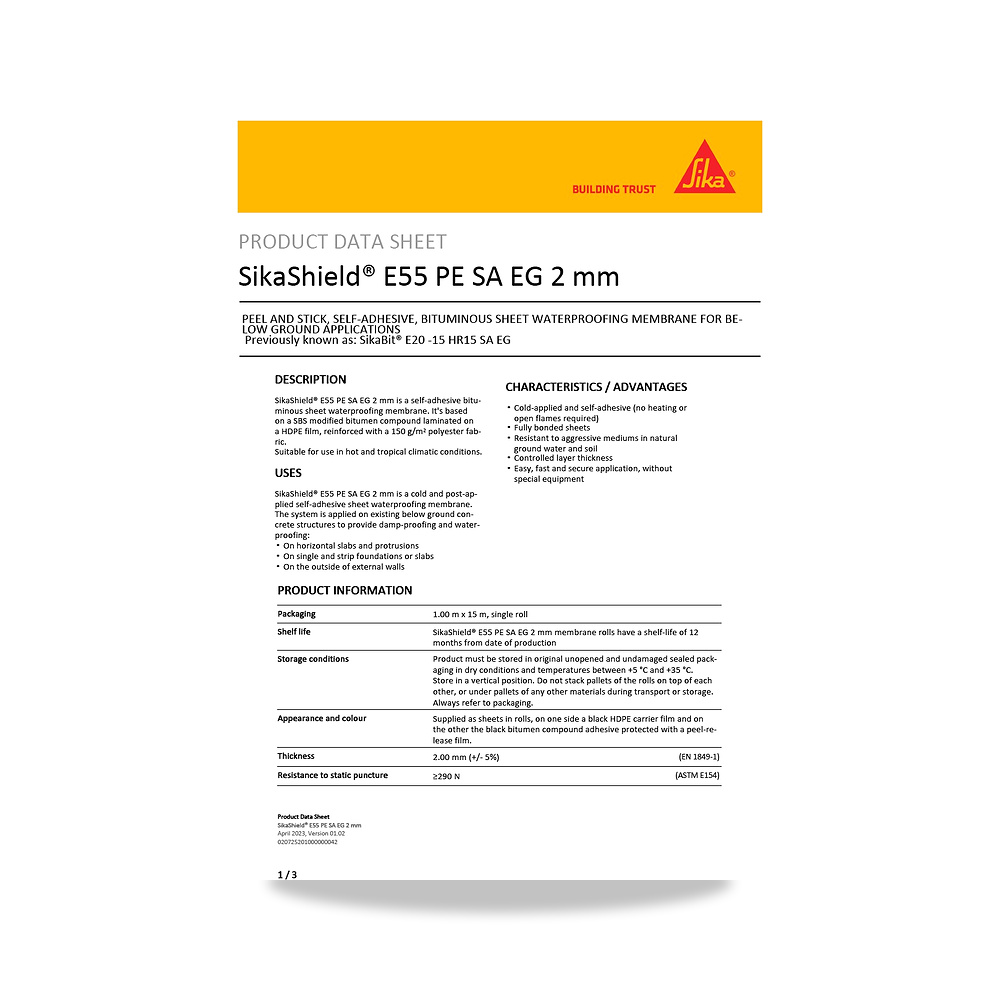 صورة منتج عازل مائي وحماية للأسطح والخرسانة والأساسات سيكا (Sika) موديل SikaShield E55 PE SA EG 2 mm - كود الصنف reemco-2027-1444714 - ماركة يباع من خلال reemco - توريد وتصوير حصري لشركة ريمكو القابضة السعودية