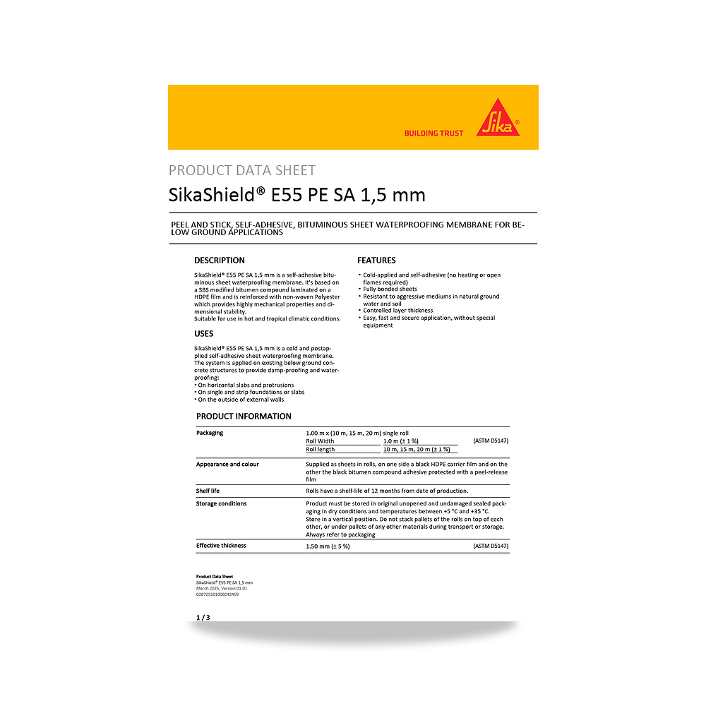 صورة منتج عازل مائي وحماية للأسطح والخرسانة والأساسات سيكا (Sika) موديل SikaShield E55 PE SA 1,5 mm - كود الصنف reemco-2027-1444719 - ماركة يباع من خلال reemco - توريد وتصوير حصري لشركة ريمكو القابضة السعودية