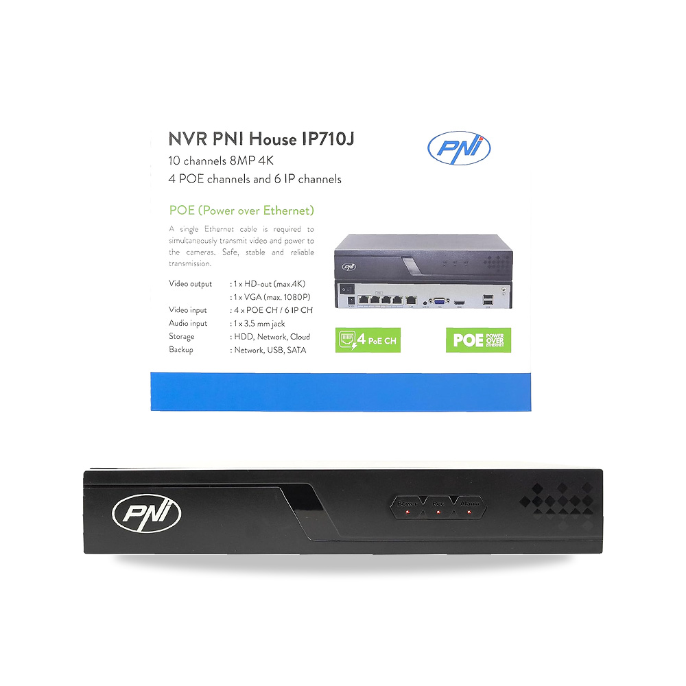 صورة منتج POE NVR بي ان اي House IP710J، 10 قنوات 4K 8MP، 4 POE نعم 6 IP، اسود – 1 × 3.5 ملم – مخرج الفيديو VGA، HDMI - كود الصنف reemco-2027-1526438 - ماركة يباع من خلال reemco - توريد وتصوير حصري لشركة ريمكو القابضة السعودية