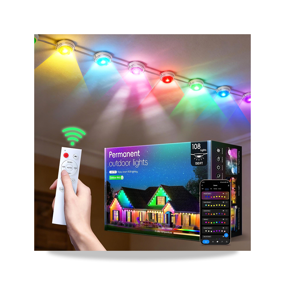 صورة منتج مصابيح زينة دائمة 150 قدم، 108 مصباح LED RGB للإضاءة اليومية والديكور، حائط مع تطبيق وجهاز تحكم عن بعد، ضوء - كود الصنف reemco-2027-1534564 - ماركة يباع من خلال reemco - توريد وتصوير حصري لشركة ريمكو القابضة السعودية