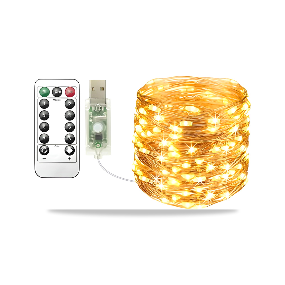 صورة منتج شريط إضاءة USB بطول 10 م يحتوي على 100 مصباح LED بضوء أبيض دافئ وسلك نحاس وجهاز تحكم عن بعد و8 أوضاع ومؤقت - كود الصنف reemco-2027-1534571 - ماركة يباع من خلال reemco - توريد وتصوير حصري لشركة ريمكو القابضة السعودية