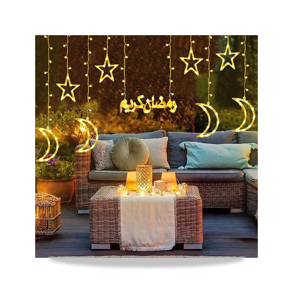 صورة منتج سلسلة أضواء رمضان على شكل نجوم وهلال، خارجية لرمضان، 8 أوضاع إضاءة لتزيين المنزل في عيد الفطر ياويلتي - كود الصنف reemco-2027-1534622 - ماركة يباع من خلال reemco - توريد وتصوير حصري لشركة ريمكو القابضة السعودية