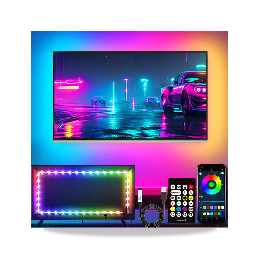 صورة منتج مصابيح LED باضاءة خلفية للتلفزيون من بفوكون، اضاءة RGB LED بطول 5 متر مقاس 45-75 بوصة، مزامنة الموسيقى عبر - كود الصنف reemco-2027-1534738 - ماركة يباع من خلال reemco - توريد وتصوير حصري لشركة ريمكو القابضة السعودية