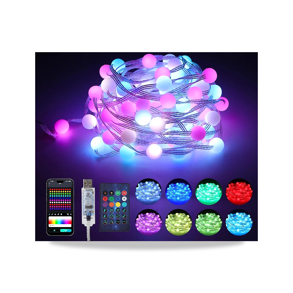 صورة منتج كاستويف سلسلة مصابيح كروية RGB بطول 100 متر من 100 مصباح LED مع جهاز تحكم عن بعد وتطبيق، خيالية متغيرة - كود الصنف reemco-2027-1534852 - ماركة يباع من خلال reemco - توريد وتصوير حصري لشركة ريمكو القابضة السعودية