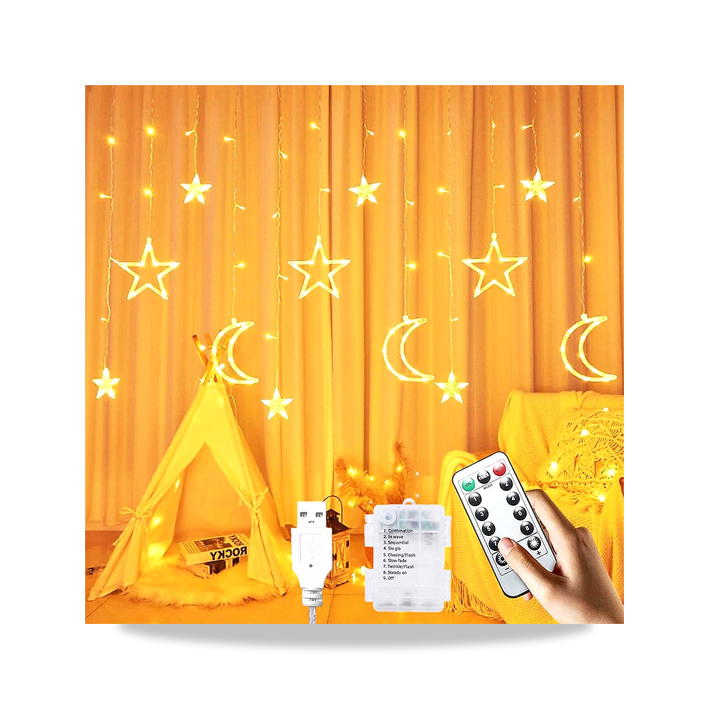 صورة منتج زينة رمضان بطول 3.5 متر بتصميم نجوم وقمر من تيوكس، للنافذة مع 8 أوضاع تعمل بمنفذ USB وبطارية و138 مصباح LED - كود الصنف reemco-2027-1534944 - ماركة يباع من خلال reemco - توريد وتصوير حصري لشركة ريمكو القابضة السعودية