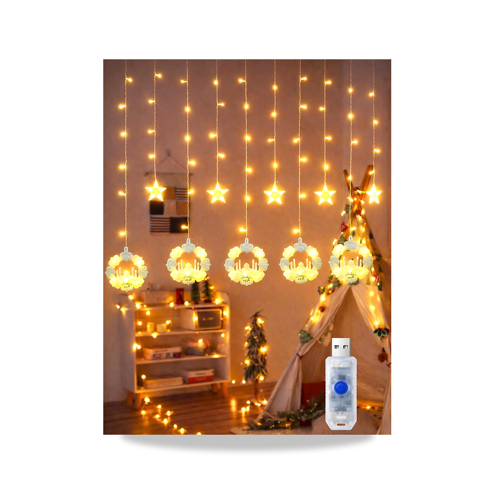 صورة منتج مصابيح LED على شكل ستارة لشهر رمضان مع تعليقات على شكل نجمة ومسجد تعمل بمنفذ USB مع 8 أوضاع إضاءة، سلسلة - كود الصنف reemco-2027-1535105 - ماركة يباع من خلال reemco - توريد وتصوير حصري لشركة ريمكو القابضة السعودية