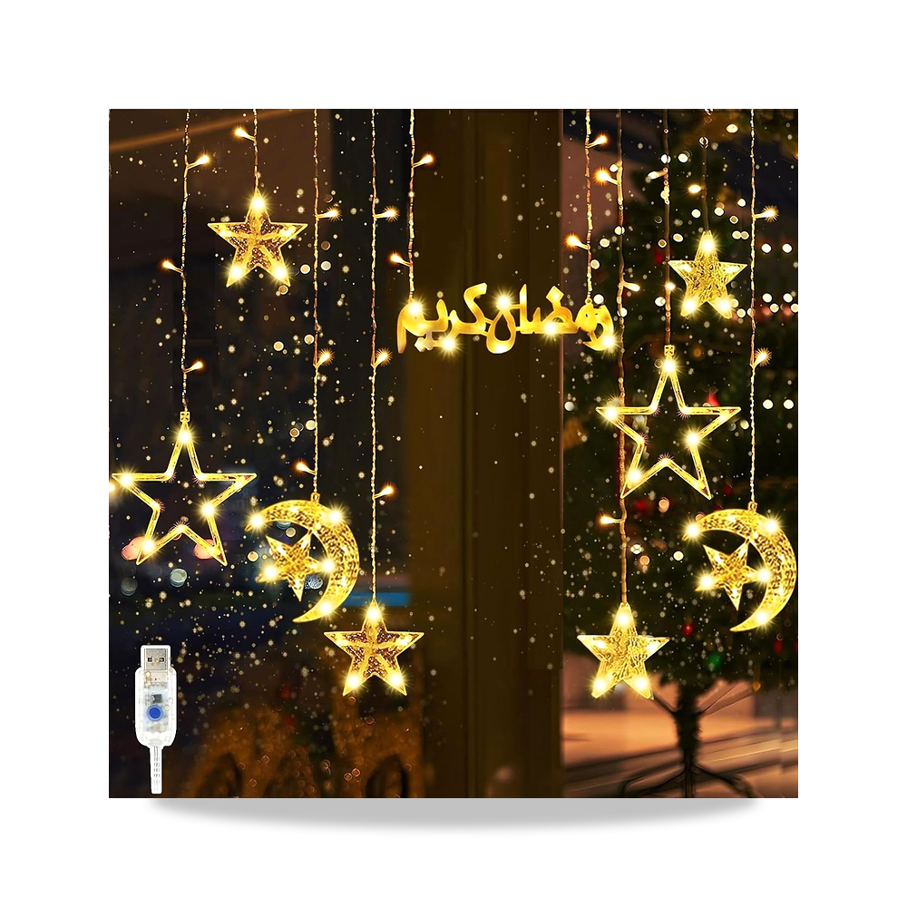 صورة منتج مصابيح رمضان، أضواء زينة رمضان على شكل قمر ونجمة لتزيين النوافذ، 8 أوضاع إضاءة داخلية وخارجية، لون أبيض دافئ - كود الصنف reemco-2027-1535144 - ماركة يباع من خلال reemco - توريد وتصوير حصري لشركة ريمكو القابضة السعودية