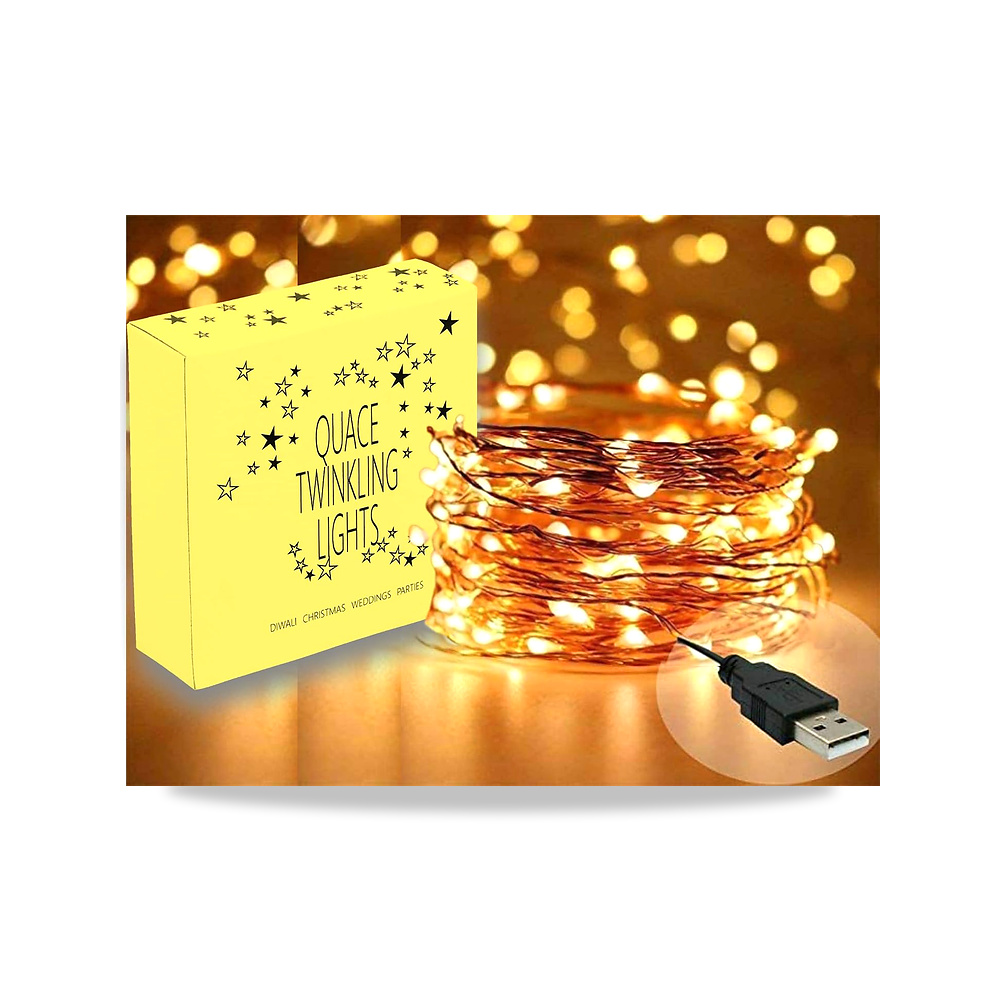 صورة منتج شريط اضاءة LED نحاسي بطول 10 متر من كوايس، 100 مصباح LED (يعمل بمنفذ USB)، اضواء خيالية لتزيين حفلات ديوالي - كود الصنف reemco-2027-1535167 - ماركة يباع من خلال reemco - توريد وتصوير حصري لشركة ريمكو القابضة السعودية