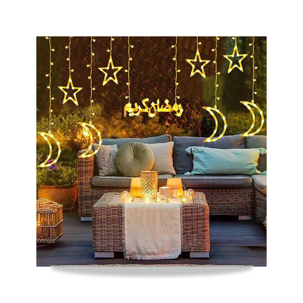 صورة منتج زينة رمضان من بوميفار، أضواء سلسلة على شكل نجوم وهلال، خارجية لرمضان، 8 أوضاع إضاءة لتزيين المنزل في عيد الفطر - كود الصنف reemco-2027-1535170 - ماركة يباع من خلال reemco - توريد وتصوير حصري لشركة ريمكو القابضة السعودية