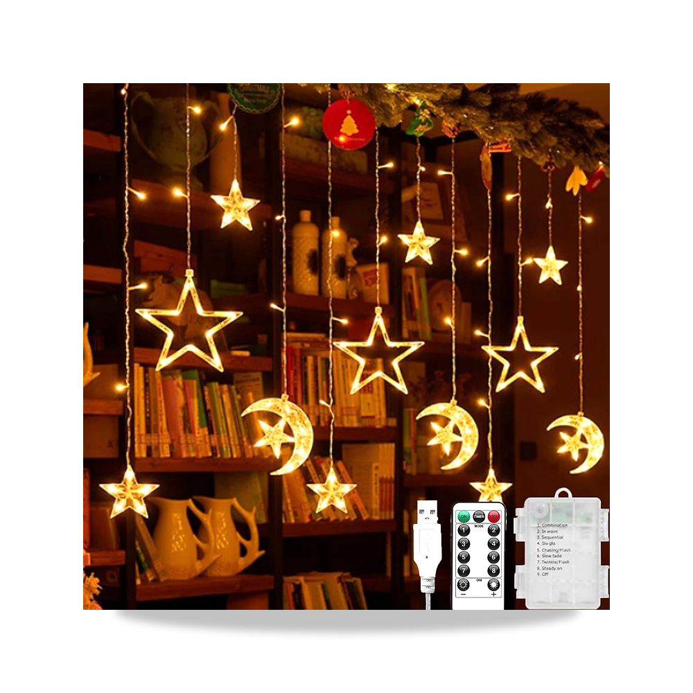 صورة منتج سلسلة مصابيح LED لتزيين شهر رمضان من ياكيتر، LED على شكل نجوم وقمر، 8 أوضاع أضواء للنافذة مقاومة للماء - كود الصنف reemco-2027-1535207 - ماركة يباع من خلال reemco - توريد وتصوير حصري لشركة ريمكو القابضة السعودية
