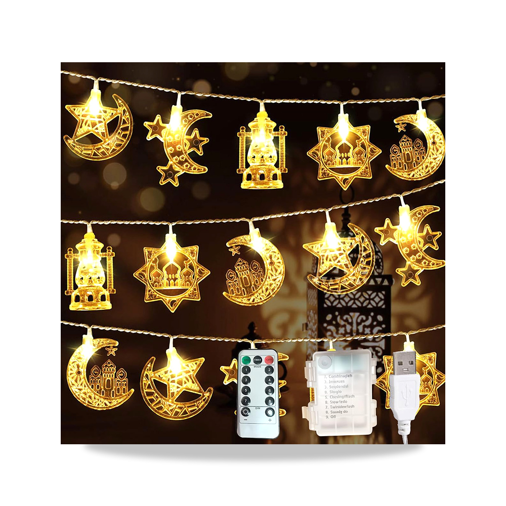 صورة منتج شريط مصابيح رمضان من دورامي، 10 متر 80 مصباح LED على شكل قمر ونجوم، يعمل بمنفذ USB وبطارية، 8 اوضاع اضواء - كود الصنف reemco-2027-1535246 - ماركة يباع من خلال reemco - توريد وتصوير حصري لشركة ريمكو القابضة السعودية