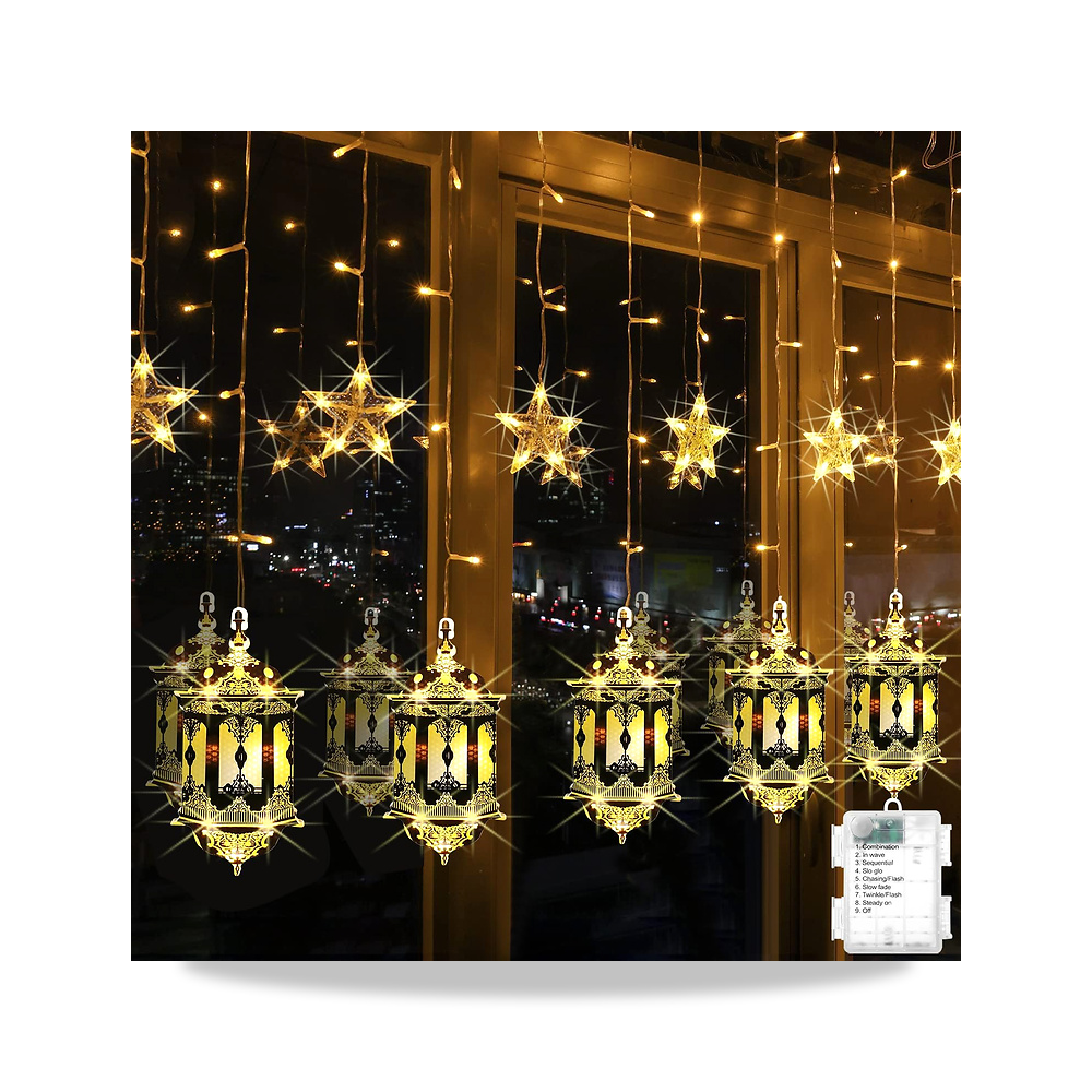 صورة منتج ستارة مصابيح زينة رمضان على شكل فوانيس بإضاءة LED ونجوم لغرفة النوم والمنزل والأماكن الخارجية، للتعليق - كود الصنف reemco-2027-1535281 - ماركة يباع من خلال reemco - توريد وتصوير حصري لشركة ريمكو القابضة السعودية
