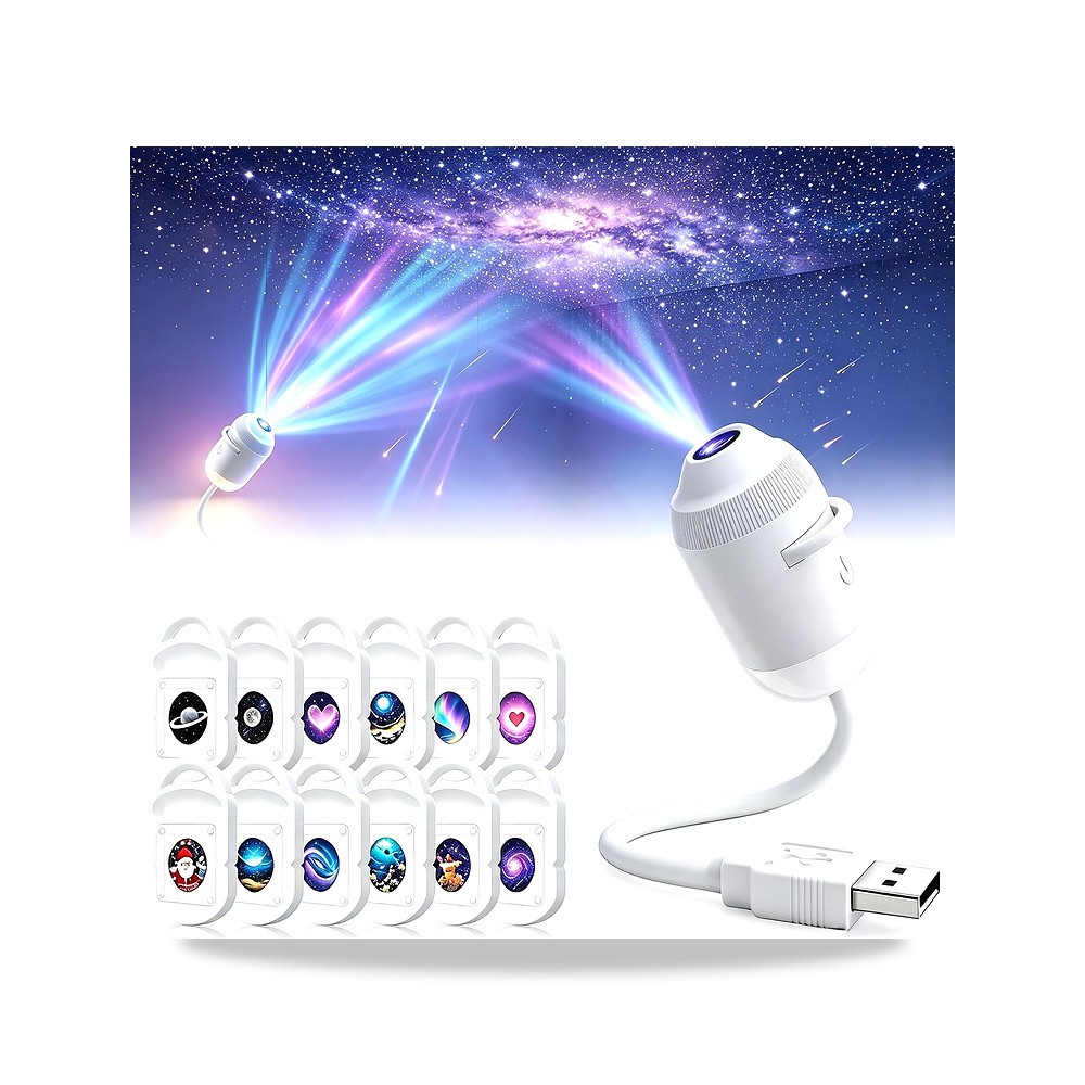 صورة منتج مصباح ليلي 2 في 1 USB 5D ثلاثي الابعاد بتصميم نجوم المجرة، ديناميكي HD 12 شريحة إسقاط، ضوء ديكور قابل - كود الصنف reemco-2027-1538417 - ماركة يباع من خلال reemco - توريد وتصوير حصري لشركة ريمكو القابضة السعودية