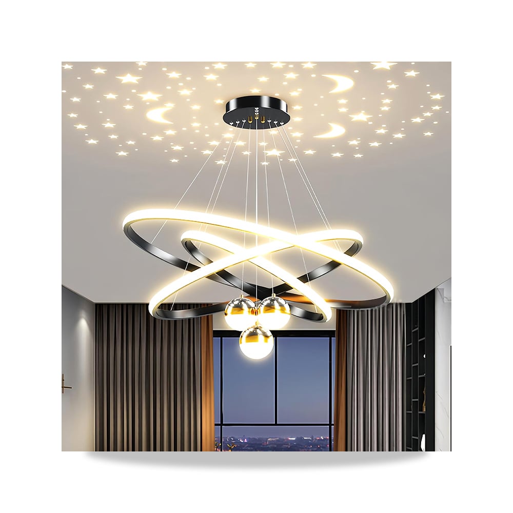 صورة منتج ثريات LED من فلايبرو، مصباح سقف ثلاثي الحلقات، تركيبات اضاءة متدلية – اللون أسود – المادة أكريليك معدن - كود الصنف reemco-2027-1538435 - ماركة يباع من خلال reemco - توريد وتصوير حصري لشركة ريمكو القابضة السعودية