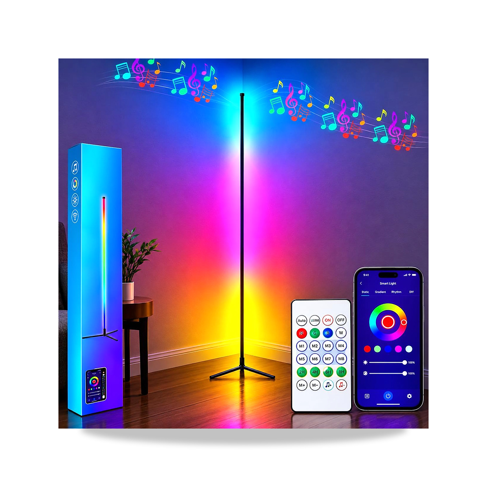 صورة منتج مصباح زاوية LED RGB من ام بي ، ارضي 143 سم، تطبيق بلوتوث وجهاز تحكم عن بعد، 16 مليون لون، ضوء أجواء متغيرة - كود الصنف reemco-2027-1538554 - ماركة يباع من خلال reemco - توريد وتصوير حصري لشركة ريمكو القابضة السعودية