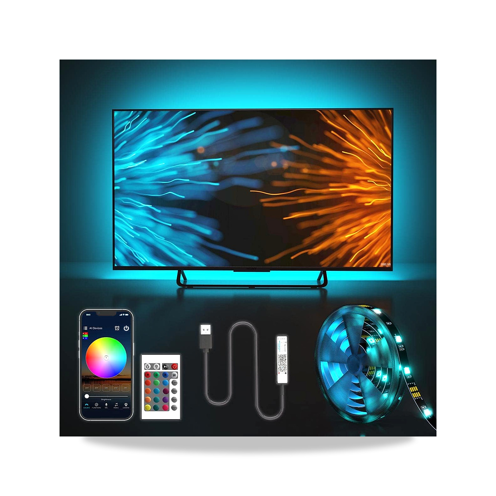صورة منتج مصابيح LED للتلفزيون، شريط اضاءة RGB بطول 5 متر/16.4 قدم للتلفزيون 60-100 انش، USB 150 مصباح LED، تحكم - كود الصنف reemco-2027-1538589 - ماركة يباع من خلال reemco - توريد وتصوير حصري لشركة ريمكو القابضة السعودية