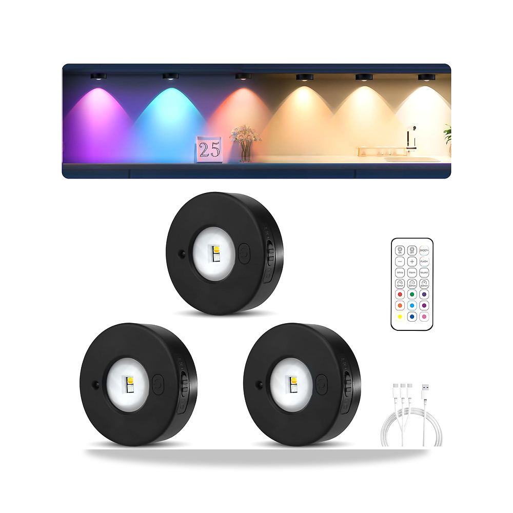 صورة منتج ميرتورم مصباح خزانة LED قابل لاعادة الشحن، مصابيح قرصية RGB لاسلكية USB، عرض الرف يعمل بالبطارية مع جهاز - كود الصنف reemco-2027-1538614 - ماركة يباع من خلال reemco - توريد وتصوير حصري لشركة ريمكو القابضة السعودية