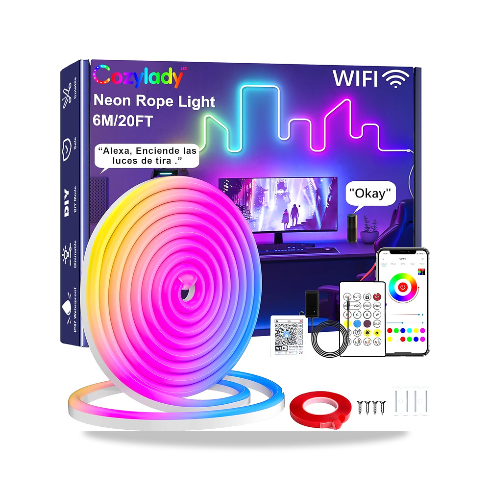 صورة منتج كوزي ليدي مصباح نيون LED يعمل بالواي فاي بطول 6 متر، شريط اضاءة RGB ذكي للاماكن الخارجية مع اليكسا ومساعد - كود الصنف reemco-2027-1538733 - ماركة يباع من خلال reemco - توريد وتصوير حصري لشركة ريمكو القابضة السعودية