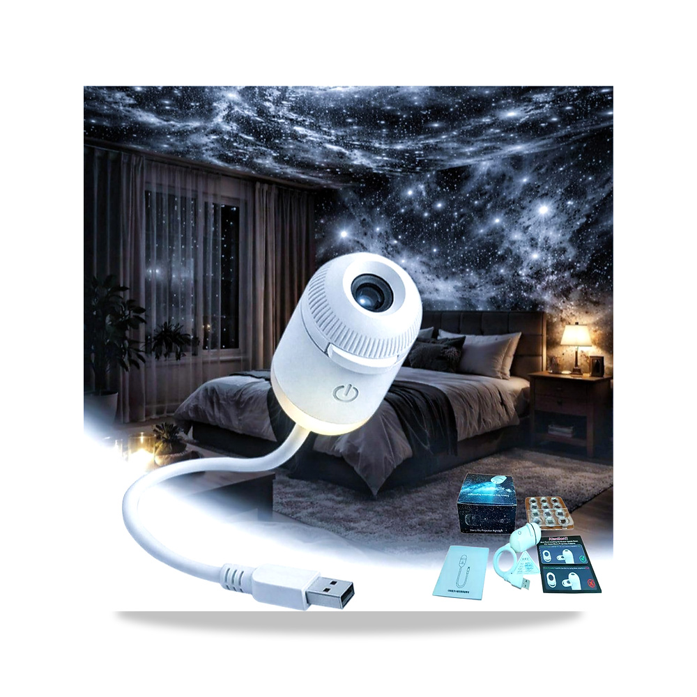 صورة منتج جهاز عرض ليلي 2 في 1 بتصميم نجوم المجرة مزودة بإضاءة ليد بمنفذ USB مع 12 غشاء قابل للاستبدال كمصباح ديكور - كود الصنف reemco-2027-1538746 - ماركة يباع من خلال reemco - توريد وتصوير حصري لشركة ريمكو القابضة السعودية