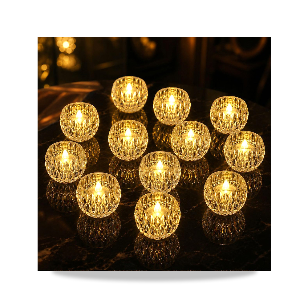 صورة منتج شموع صغيرة LED بدون لهب، 12 قطعة – مصابيح شاي بتصميم ماسي شفاف مع توهج أبيض دافئ ثابت للقطع المركزية للزفاف - كود الصنف reemco-2027-1538818 - ماركة يباع من خلال reemco - توريد وتصوير حصري لشركة ريمكو القابضة السعودية