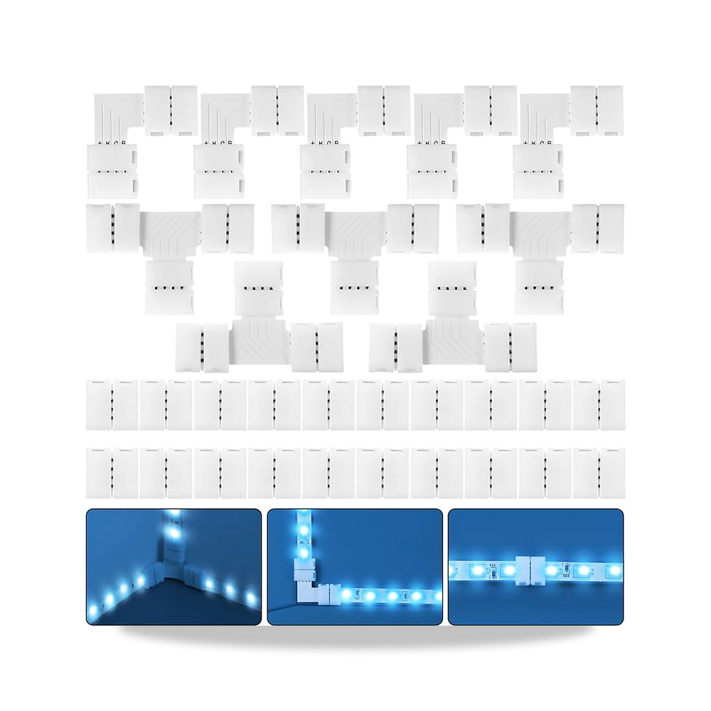 صورة منتج مجموعة موصلات LED RGB بـ4 دبابيس من 30 قطعة، محولات بدون فجوات لشرائط LED 5050، موصل عريض 10 ملم مع 20 محول - كود الصنف reemco-2027-1539025 - ماركة يباع من خلال reemco - توريد وتصوير حصري لشركة ريمكو القابضة السعودية