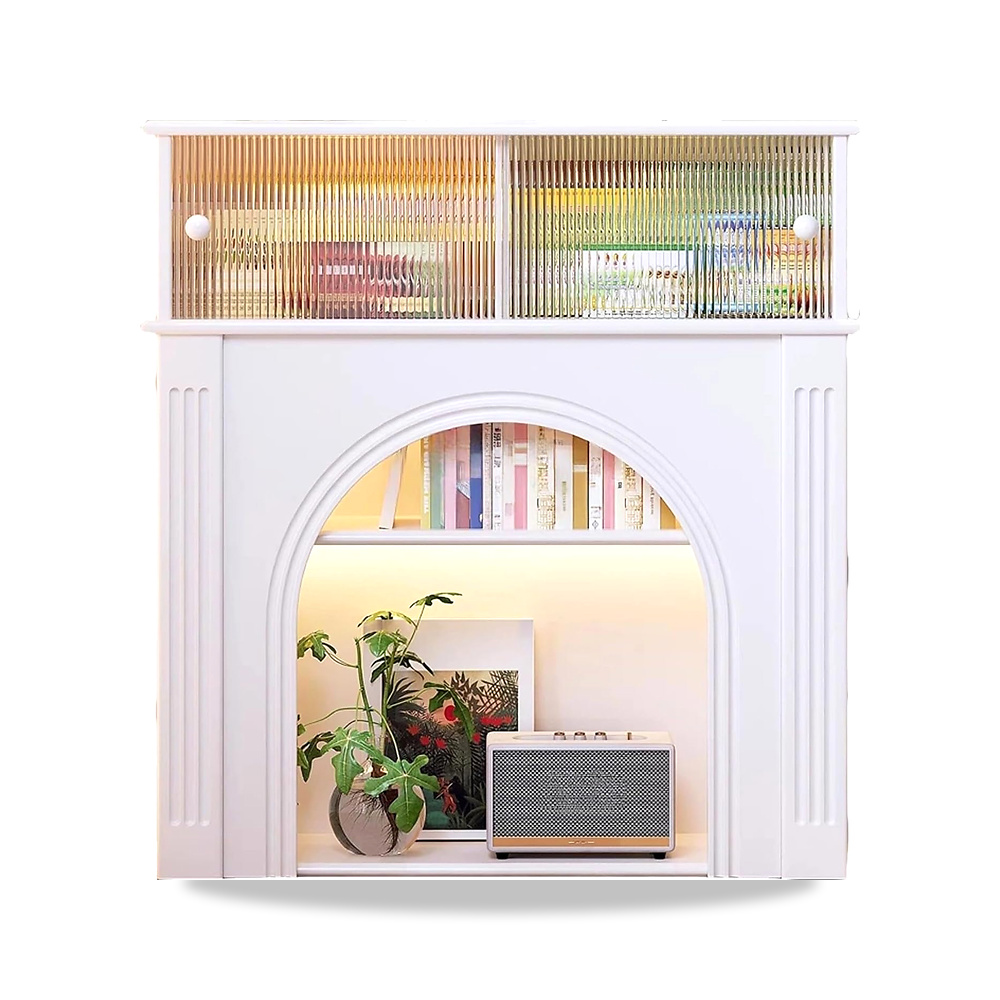صورة منتج رف الموقد الكهربائي Arched Fireplace Cabinet with Ribbed Glass Doors Vintage Decorative Storage(أبيض) AYLLYGBKAA - كود الصنف reemco-2027-1770872 - ماركة يباع من خلال reemco - توريد وتصوير حصري لشركة ريمكو القابضة السعودية
