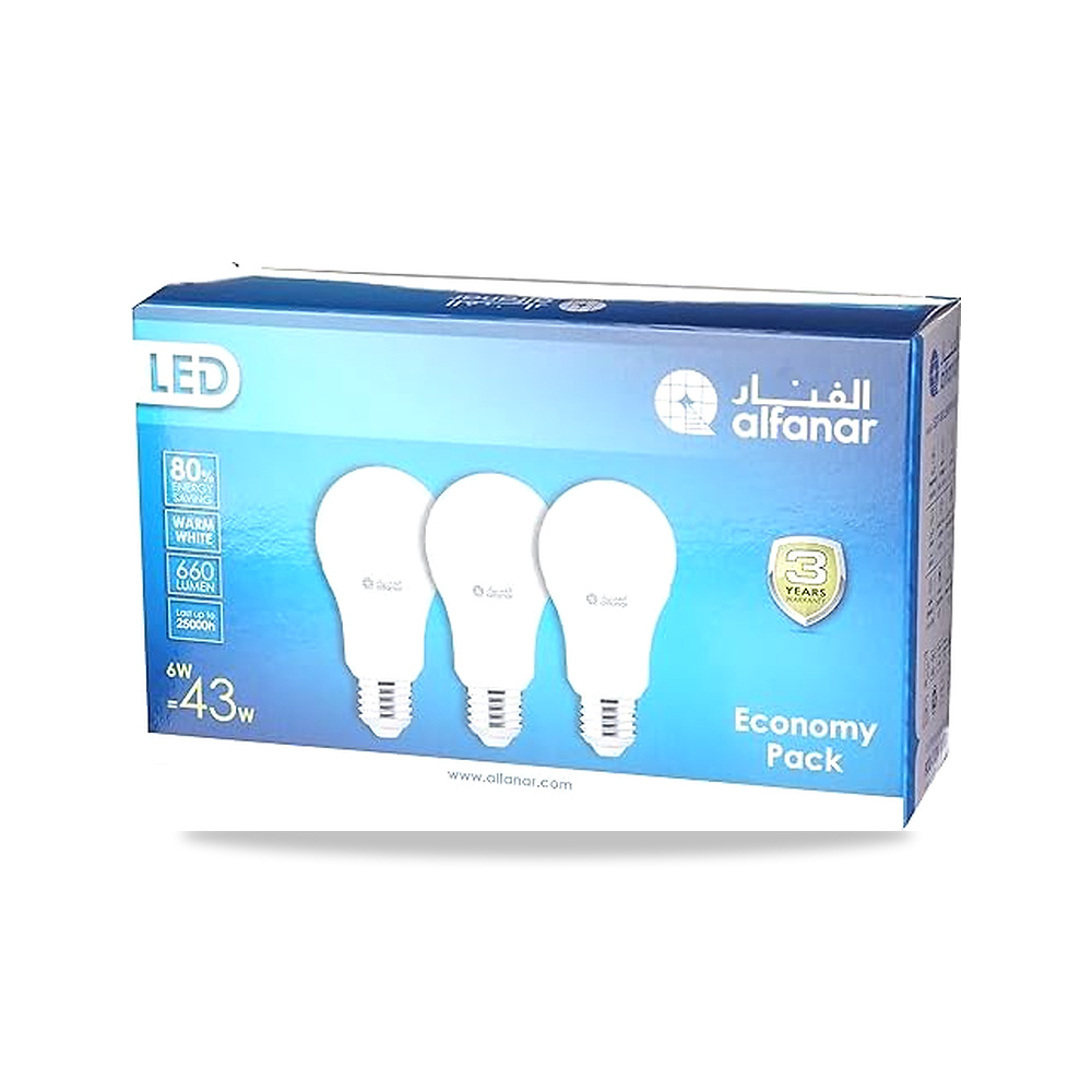 صورة منتج مصباح LED دبليو 6 واط من الفنار (مجموعة اقتصادية 3 قطع) موفر للطاقة – اللون الفاتح أصفر – 220 فولت - كود الصنف reemco-2027-1802526 - ماركة يباع من خلال reemco - توريد وتصوير حصري لشركة ريمكو القابضة السعودية