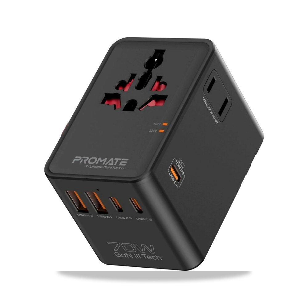 صورة منتج محول سفر عالمي 70 واط بتقنية نتريد الغاليوم و3 USB-C و2 USB-A وقابس تيار متردد ومقابس جانبية مزدوجة - كود الصنف reemco-2027-1817604 - ماركة يباع من خلال reemco - توريد وتصوير حصري لشركة ريمكو القابضة السعودية