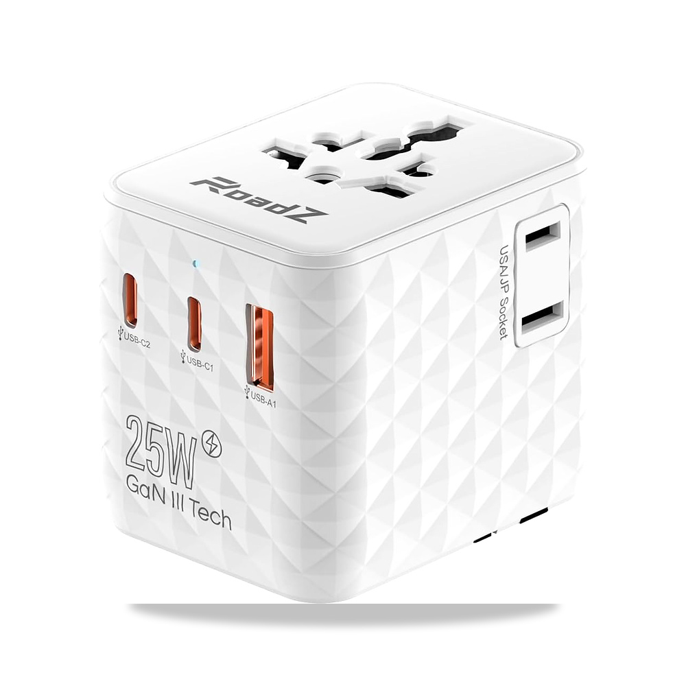 صورة منتج محول سفر عالمي 25 واط بي دي مع منفذ USB و2 USB-C ومنفذ تيار متردد، تبريد سريع من نيتريد الغاليوم مزود بفيوز - كود الصنف reemco-2027-1818163 - ماركة يباع من خلال reemco - توريد وتصوير حصري لشركة ريمكو القابضة السعودية
