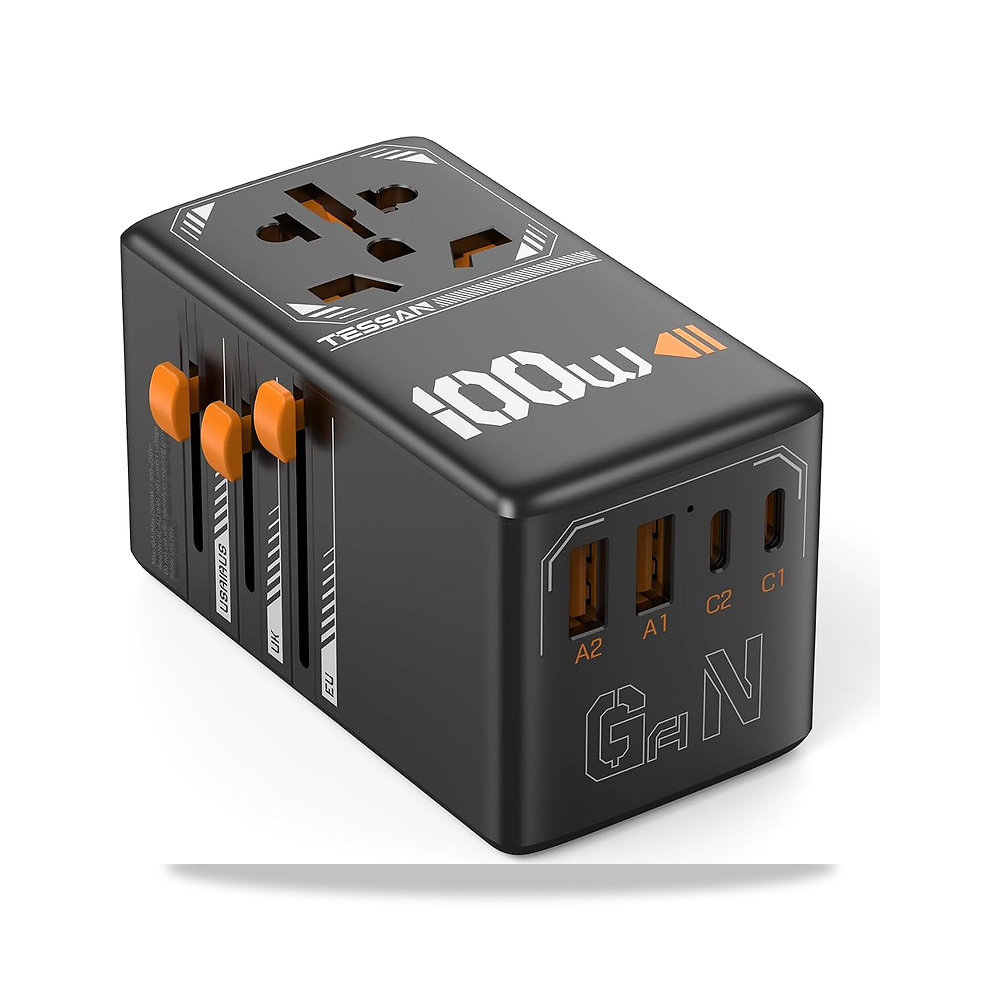 صورة منتج محول سفر شامل من تيسان، شاحن نيتروجين غاليوم 100 واط بـ 2 منفذ USB C و2 USB A، متوافق مع معظم دول العالم - كود الصنف reemco-2027-1819999 - ماركة يباع من خلال reemco - توريد وتصوير حصري لشركة ريمكو القابضة السعودية