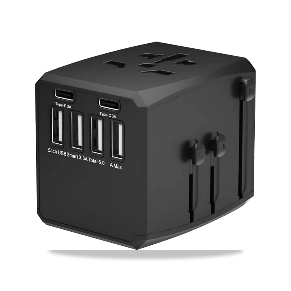 صورة منتج محول طاقة عالمي للسفر مع 4 منافذ USB 2 نوع C مع حقيبة تخزين، قابس تيار متردد لشاحن الحائط مع 4 USB-2 نوع سي - كود الصنف reemco-2027-1820704 - ماركة يباع من خلال reemco - توريد وتصوير حصري لشركة ريمكو القابضة السعودية