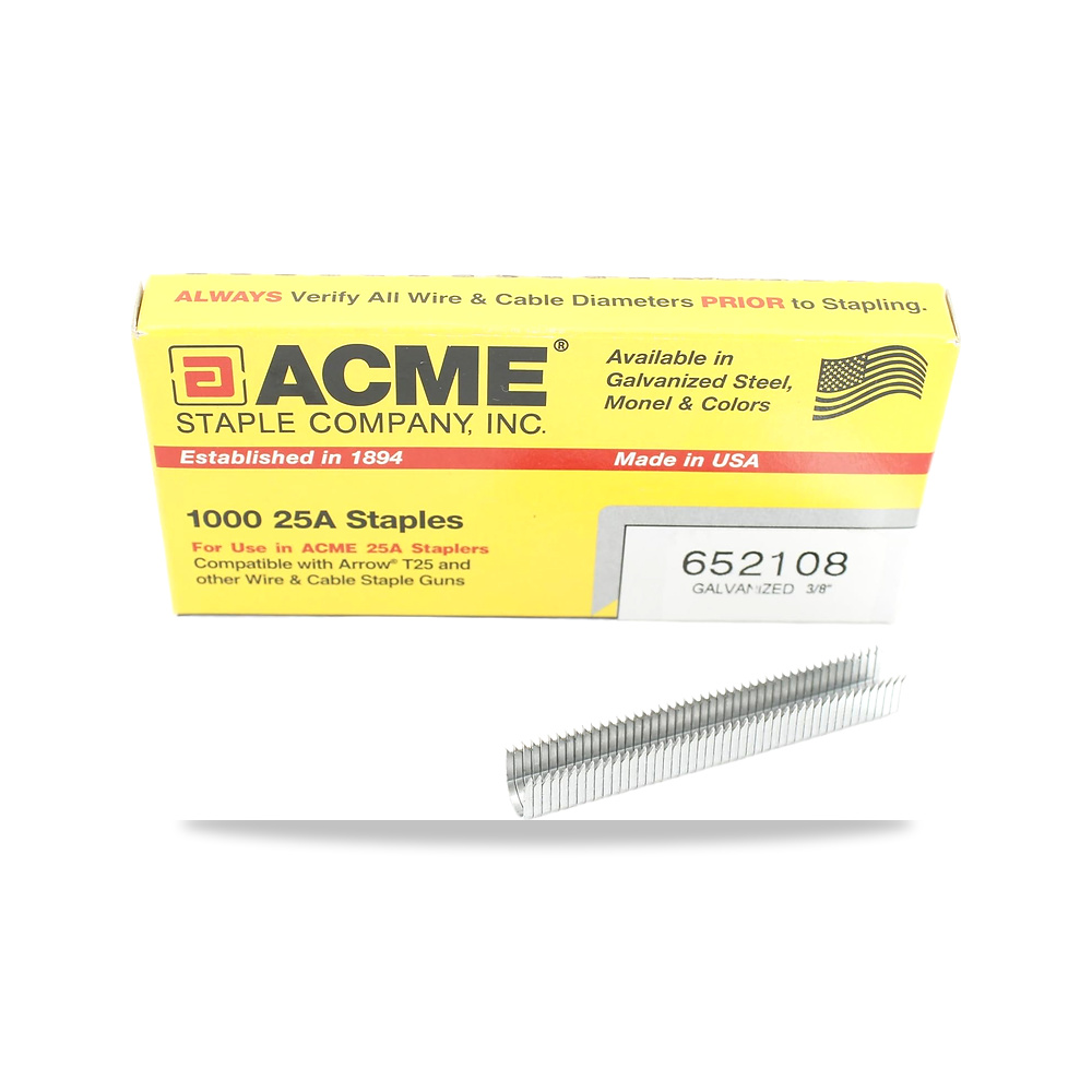 صورة منتج دبابيس اسلاك مجلفنة 652108 من اكمي ستابل لمسدس (1000/صندوق)، 3/8 انش Acme Staple – المقاس 3/8″ – 10الطول x 6العرض ملي متر - كود الصنف reemco-2027-1831501 - ماركة يباع من خلال reemco - توريد وتصوير حصري لشركة ريمكو القابضة السعودية