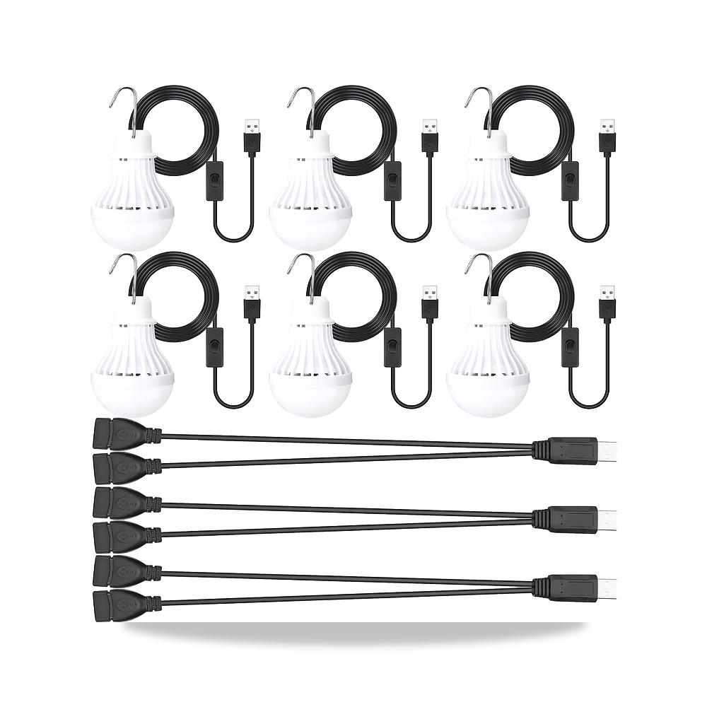 صورة منتج 6 قطع من مصابيح التخييم والطوارئ USB LED المحمولة مع كابل مقسم USB للتخييم والخيمة والمراب والمستودع - كود الصنف reemco-2027-1844425 - ماركة يباع من خلال reemco - توريد وتصوير حصري لشركة ريمكو القابضة السعودية