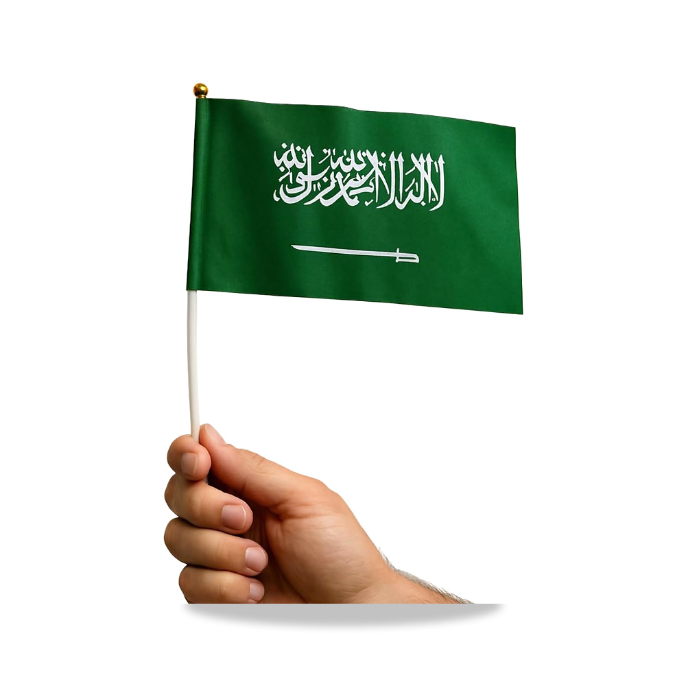 صورة منتج أعلام محمولة باليد لليوم الوطني السعودي 95 – عبوة من 6 قطع من المملكة العربية السعودية الصغيرة مع عصا - كود الصنف reemco-2027-1862652 - ماركة يباع من خلال reemco - توريد وتصوير حصري لشركة ريمكو القابضة السعودية
