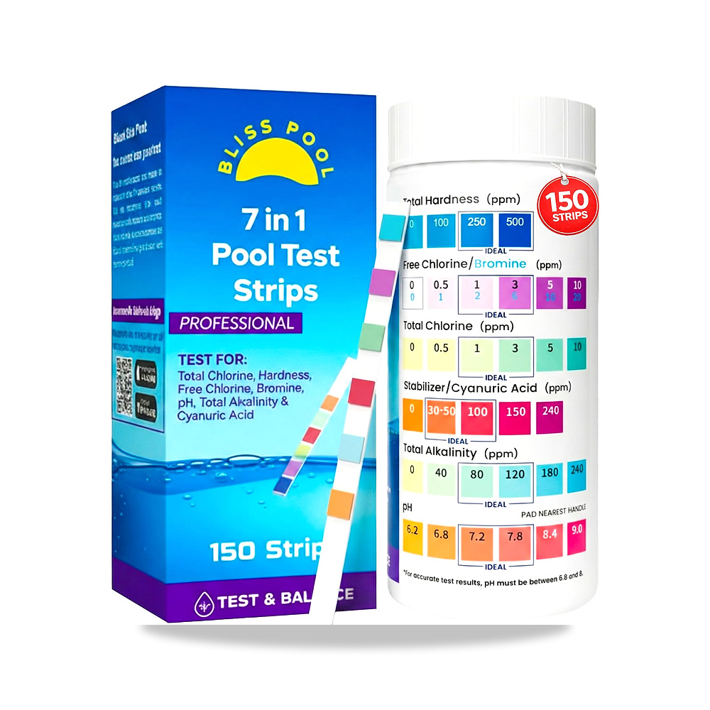 صورة منتج شرائط اختبار حمام السباحة مع تطبيق 7 في 1 (150 شريط) سهل ودقيق Bliss Pool – المادة شرائط اختبار حمام السباحة 7 في 1 - كود الصنف reemco-2027-1862851 - ماركة يباع من خلال reemco - توريد وتصوير حصري لشركة ريمكو القابضة السعودية