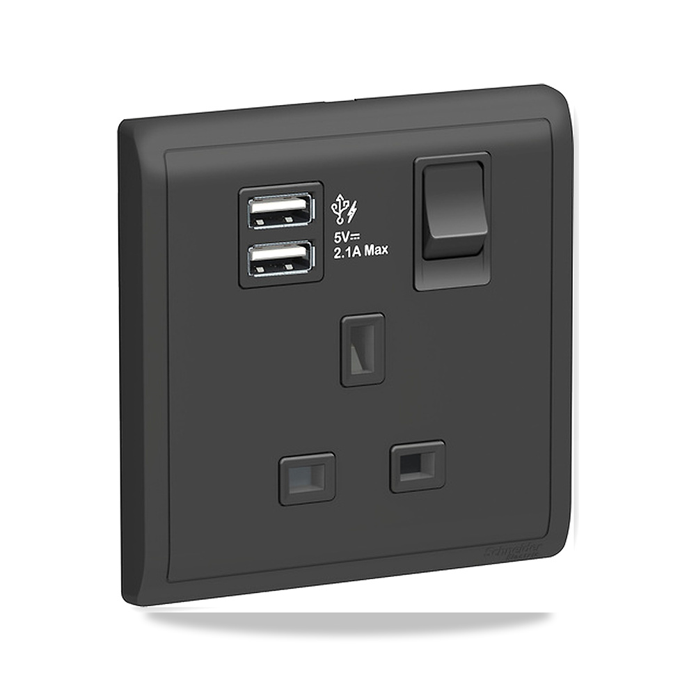 شنايدر بيانو فيش مفرد مع مفتاح 13 أمبير و مخرج 2.1 أمبير E8215USB_MB_G12 أسود schnieder موديل PIENO