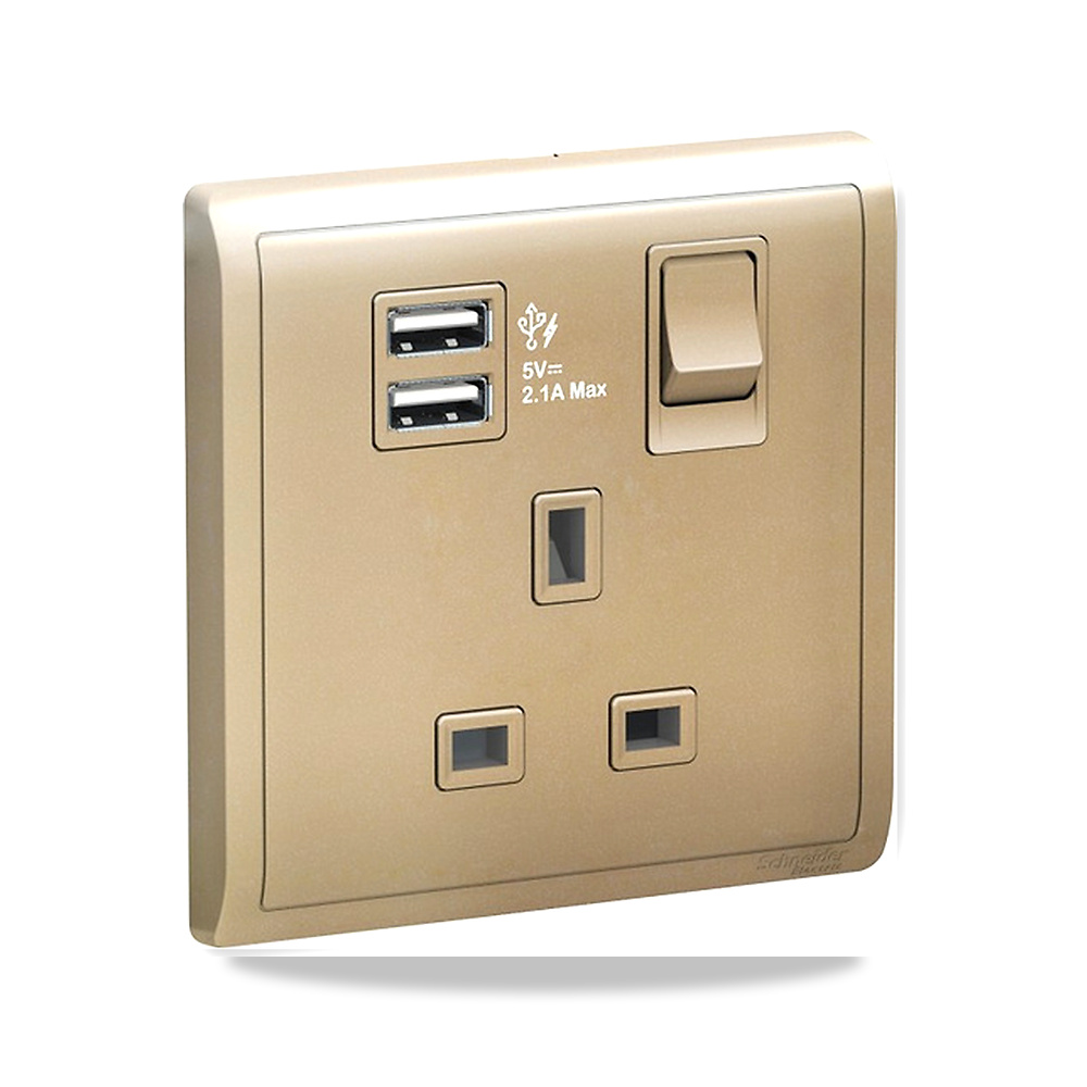 شنايدر بيانو فيش مفرد مع مفتاح 13 أمبير مخرج 2.1 أمبير E8215USB_WG_G12 ذهبي schnieder موديل PIENO