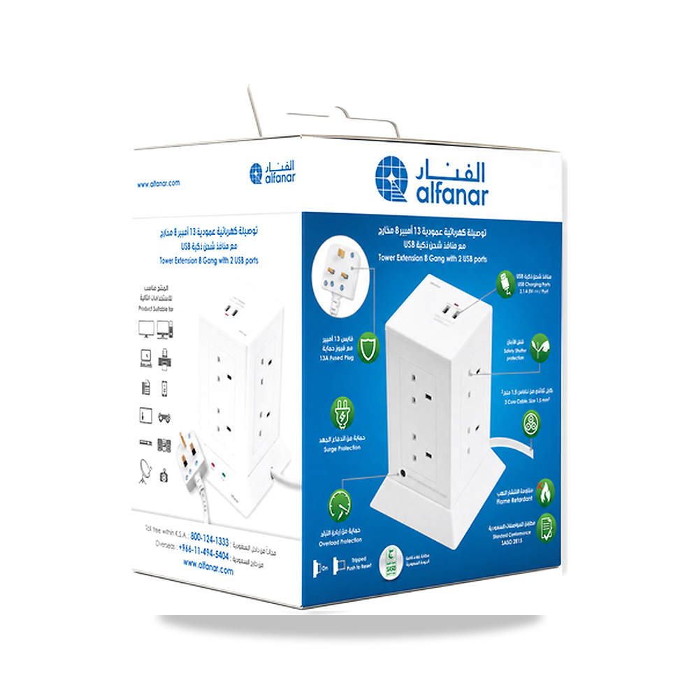 الفنار توصيلة كهربائية عامودية 13 أمبير 8 مخارج 3 متر و مخرجين شاحن USB - اللون أبيض - 7 سم - موديل 5101020309