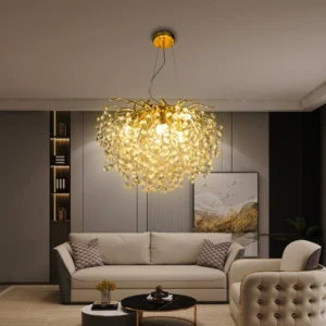 نجف مودرن ذهبي بزجاج عسلي شفاف — 10 لمبات E14، قطر 60 سم