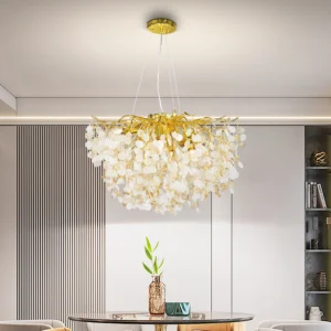 ثريا مودرن ذهبي مع زجاج عسلي شفاف — 10 لمبات E14، مقاس 60 سم