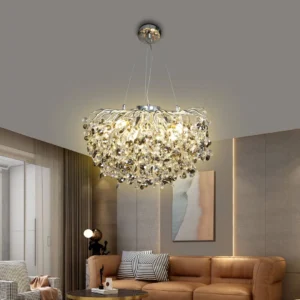 نجف مودرن فضي بتفاصيل شفافة ورمادية — 10 لمبات E14 — قطر 60 سم