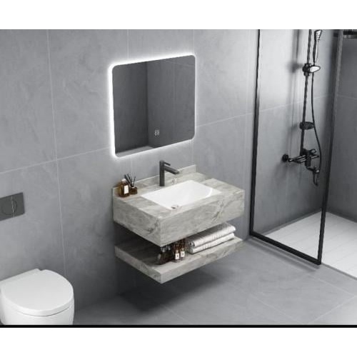 مغسلة رخام صناعي بتصميم شبيه بالحجر مع رف — 100 سم — رمادي فاتح