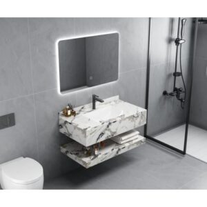 مغسلة ديكور بحوض واحد من الرخام الصناعي بتصميم حجري - 100 سم، أبيض بعروق رمادية