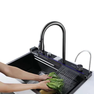 حوض مطبخ ستانلس ستيل نانو أسود 100×46 سم — تصميم شلال مزدوج عصري فاخر، للاستخدام اليومي وديكور، بسطح SINDBAD مقاوم للخدوش