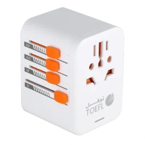 محول شحن سفر عالمي 100 واط مع 5 منافذ USB (3 USB‑C) — متوافق مع الولايات المتحدة، أوروبا، المملكة المتحدة، أستراليا وإيرلندا (أنواع A/C/G/I)