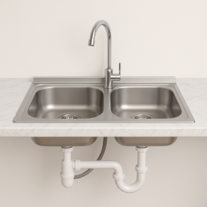مغسلة مطبخ ستانلس ستيل بحوضين من التقنية الوطنية — 100×60 سم — تصميم كوري