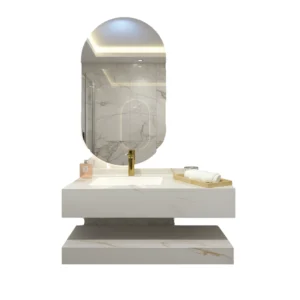 Decorative off-white bathroom sink, 100 cm, with multi-colored LED mirror and three shelves — Modern design